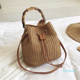 Evening Bags Fashion Straw Bucket Bag Women Handbag Bohemian Bamboo Handle Beach Bali Travel Big Drawstring Shoulder Crossbody Tote