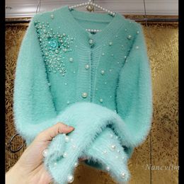 Sweaters Pearl Cardigan Koram Style Beads Flower Rhinestone Plush Cropped Sweater Knitted Coat Luxury Lady Top Spring Winter 2021