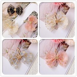 Hair Accessories Boutique 20pcs Fashion Glitter Gold Star Mesh Bow Hairpins Barrettes Tulle Bowknot Snap Clips Princess Headwear