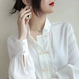 Women's Blouses White Women Stand Neck Long Sleeve Single Breasting Shirts Chinese Style Loose Chiffon Blouse Tops 2023 Blusas De Mujer