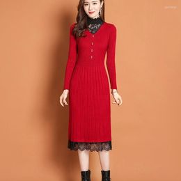 Casual Dresses Knitted Dress Autumn Lace SlimTemperament With Coat Bottoming Sweater Skirt In Winter Woman Sweaters Red Korean