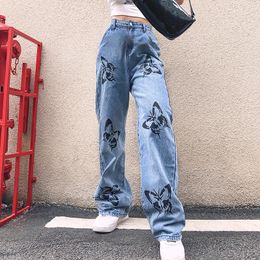 Women's Jeans Butterfly Pattern Baggy Denim Pants Women Korean Fahion High Waist Wide Leg Trousers Casual Loose Plus Size Streetwear 230427