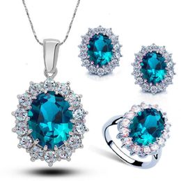 Beaded Necklaces 925 Sterling Silver Plated Women Wedding Engagement Jewellery Sets Princess Oval Zircon Crystal Necklace Earrings Ring 231124