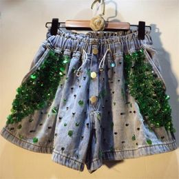 Women's Shorts Green Sequins Elastic Waist Fashion Denim Beaded High Wide Leg Washed Women