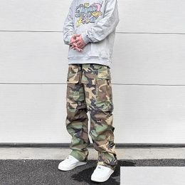 Mens Plus Size Pants Knee Mti-Pockets Camouflage Cargo Streetwear Patchwork Baggy Overall Oversized Trousers Drop Delivery Apparel Otikc