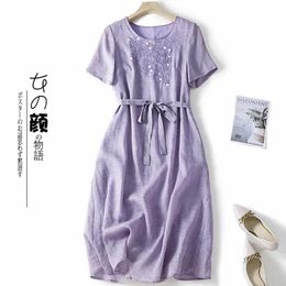Dress Embroidered cotton and linen dress women's summer new fashion literary retro solid Colour breathable midlength tie casual dress