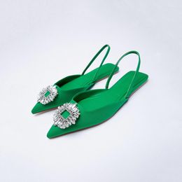 Sandals Flats Women Summer 2023 Pointed Slippers With Diamond Fairy Temperament Green Silk Elegant Sandalias Mujer Shoes