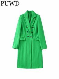 Fur PUWD Women Green Suit Collar Double Breasted Slim Coat 2022 Autumn Fashion Girls Casual Girls Long Sleeves Suit Coats