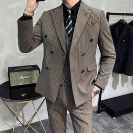 Men's Suits 2023 Fashion Men Casual Boutique Business Slim Wedding Striped Double Breasted Suit 3 Pcs Set Blazers Jacket Pants Vest Trousers