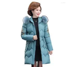 Women's Trench Coats Fleece Cotton-padded Jacket Long Large Size Embroidered Slim Fashion Mother Winter Fur Collar Down Coa