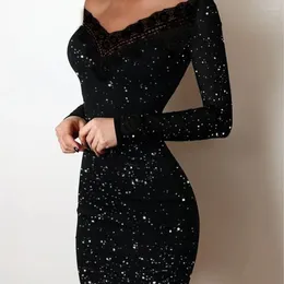 Casual Dresses Women's Fashion Slim Fit Silver Off Shoulder V-Neck Wrap Hip Sequins Black Mesh Dress Evening