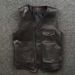 Men's Vests Japanese Vintage V-neck Genuine Leather Vest Cowhide Men's Single Breasted Motorcycle Biker Sleeveless Jackets