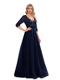 XUIBOL Elegant V-Neck Long Sequin Blue Evening Dress Women Mermaid Formal Dress Long Sleeves Party Maxi Prom Dress
