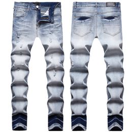 Men's Jeans European Jean Hombre Letter Star AM Men Embroidery Patchwork Ripped Trend Brand Motorcycle Pant Mens Skinny 1172# size 28-42