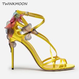 Sandals Floral Print Pumps Women High Heels Shoes Rhinestone Crystal Flower 3D Leather Pink Wedding Party Chaussures Femme