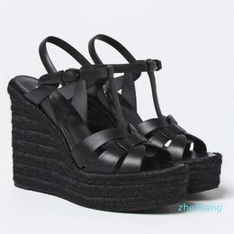 2023-Summer Women sandal high heels wedges shoes wedge espadrille sandals Luxury design heeled black white leathers pump 35-43