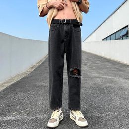 Men's Jeans Spring And Summer Vintage High Street Pant Cropped Pants Slim Fit Broken Hole Small Straight Casual Trousers D101