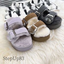 Designer Luxury australia Fur sherpa Slippers Sandals Double Buckle Boston Arizona Shoes For Women Fluffy platform winter warm Boots