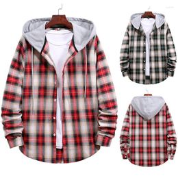 Men's Hoodies LUCLESAM Men's Hooded Plaid Flannel Shirt Checked Patchwork Cardigan Spring Couple Shirts Jacket Male Lattice Tops