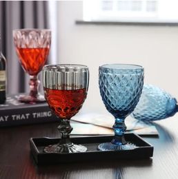 Wholesale! 300ml Wine Glasses Coloured Glass Goblet with Stem Vintage Pattern Embossed Romantic Drinkware for Party Wedding B0035