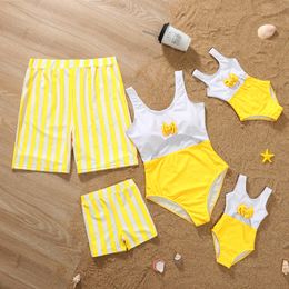 Family Matching Outfits Family Matching Swimwear Mother and Daughter Bikini Set Father Son Beach Shorts Baby Girl Swimsuit Yellow and White Colour 230427