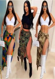 Skirts Echoine Green Camo Print Denim Skirt Hight Waist Sexy Split Button Tassel Fashion Long Street Clubwear Summer 20235303207