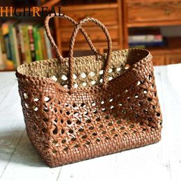 Cowhide Hollowed Out Basket Handmade Bamboo Woven New Style Braided Women's Bag