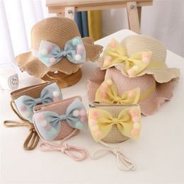 Caps Hats Fashion Baby Summer Straw Bow Girl Cap Beach Children Panama Princess and Bag for Kids 2PC 230426