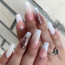 False Nails Long Ballerina Fake Nail Artificial French Shining Diamond DIY Full Cover Finger Tips Manicure Tools Press On