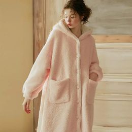 Women's Robe Women Sleepwear Lolita Princess Robe Hooded Flannel Pajamas.Warm Night Bathrobes Sleep Robes Nightgown Dressing Gown Loungewear 231127