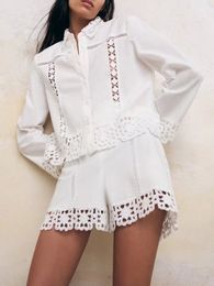 Women's Tracksuits Kumsvag Summer Women Sweet Suits 2 piece Sets White Lace Shirts Tops and Shorts Female Fashion Street Two pieces Clothing 230427