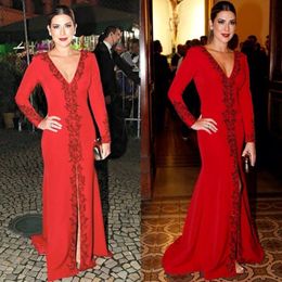 Elegant Moroccan Kaftan Red Formal Evening Dresses Lace Appliques Long Sleeves V-Neck Mermaid Prom Dress 2024 Satin Celebrity Party Gown For Women