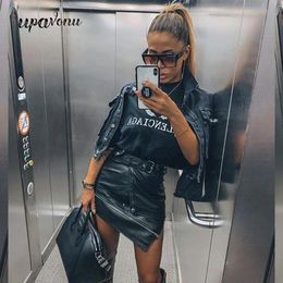 skirt UpAvonu Sexy Asymmetry Pu Skirts Womens Zipper Punk Rock Belt Mini Skirt Streetwear Black High Waist Skirts 2020 Fashion New