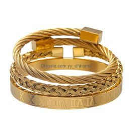 Charm Bracelets 3Pcsset Roman Numeral Mens Stainless Steel Rope Buckle Open Punk Bangles Gold Pseira Bileklik Bracelet Jewelry540453 Dhr0B