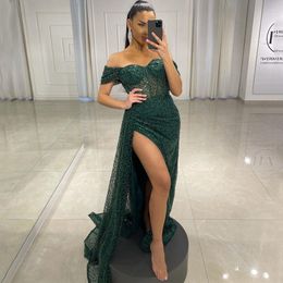 Green Shinny Sequined Mermaid Prom Dress 2023 Off Shoulder Split Long Saudi Arabia Black Girl Evening Party Gowns Robe De Soiree Customed