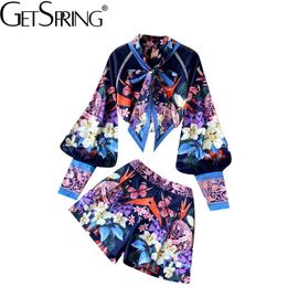 Sets Getspring New 2022 Spring Summer Women's Shirt Shorts Set High Waist Wide Leg Shorts Fashion Flower Floral Printed Twopiece Set