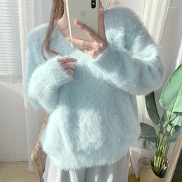 Women's Sweaters Arrival Autumn Winter Mink Cashmere Thick Loose Pullover Chic Women V Neck Light Blue Knitted Mohair Soft Warm Lady