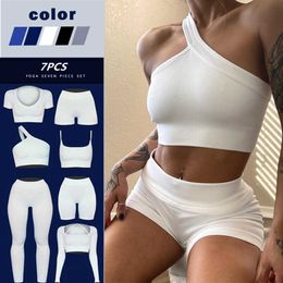 Yoga Outfit CHRLEISURE Seamless Yoga Set Women Tracksuit High Waist Leggings Workout Sportswear Gym Fitness Crop Top Sports Shorts Gym Suits P230504