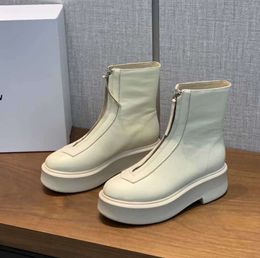The row white smooth Leather Ankle Chelsea Boots platform zip slip-on round Toe block heels Flat Wedges booties chunky boot luxury designer 44