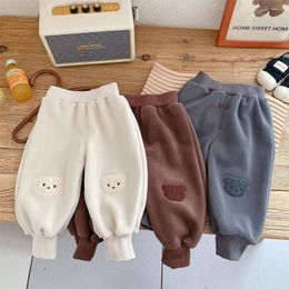 Trousers Cute Bear Baby Velvet Harem Pants Winter Toddler Boy Girl Sweatpants Thick Warm Children Sports 2023 Autumn Kid Clothes