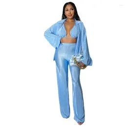Ethnic Clothing Fashion Casual Solid Colour Trousers Bra Three Piece Set Pleated Loose Shirt Coat Sexy Halter Neck Tie Straight