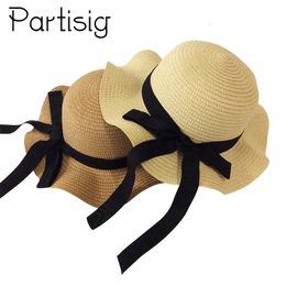 Caps Hats Girls Summer Black Ribbon Decorate Wavy Straw For Children Panama Kids Sun Baby Beach 230426