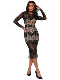 Casual Dresses Szkzk Sexy Lace Sheer Prom For Women Long Sleeve See Through Outfits Wedding Evening Party Night Club Bodycon Midi Dress