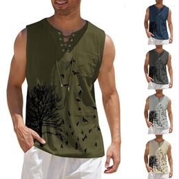 Men's Tank Tops 2023 Cotton Linen Vest Summer Muscle Slim Fit Gym T-Shirt Tee Sleeveless Casual Printed Sports Shirts