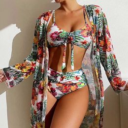 Women's Swimwear 3 Pieces Floral Print Bikinis Set 2023 New Swimsuit with Cover Up Beachwear High Waist Swimwear Bathing Suit Women Beach Summer P230426