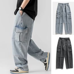 Men's Jeans Korean Men Cargo Pants Jeans Vintage Black Blue Distress Elastic Waist Wide Leg Baggy Jeans Men's Y2k Clothing 231124