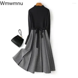 Casual Dresses Korean Belted Pleated Knitted Dress Autumn Winter Women Elegant Half Turtleneck Sweater Midi Vestidos Mujer 2023