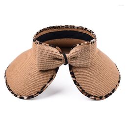 Wide Brim Hats Summer Beach Leopard Trim Straw Breathable Bowknot Empty Top Hat All-match Surprise Valentine Gift For Girlfriend