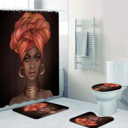 Curtains Hot African American Shower Curtain Pretty Black Woman with Headwrap Turban Bathroom Curtains Set Glossy Lip Girl Bath Mat Rug