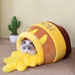 Mats Honey Pot Shape Cat Bed House Cute Plush Cartoon Warm Pet Nest Soft Comfortable Puppy Fossa With Inner Pad Lovely Kennel Cushion